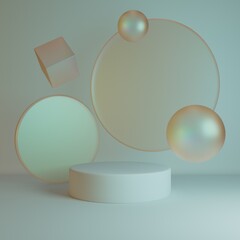 Clean trendy Stade podium mock-up for advertising. Iridescent translucent matte glass textures with white minimalistic stand with objects flowing. Fantasy scene for product promotion. 3d render