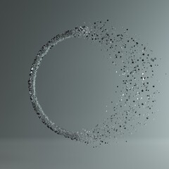 Sparkling Minimalistic stage frame realistic 3d render of a silver particles forming a ring and disappearing and flying. Metallic confetti trendy design of a donut torus shape blank space stage.
