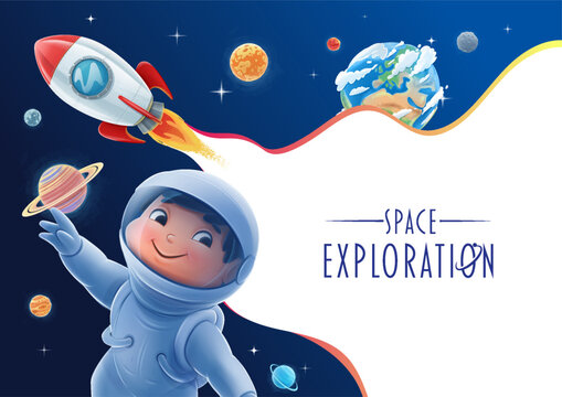 graphic illustration child astronaut in space with planets and rocket