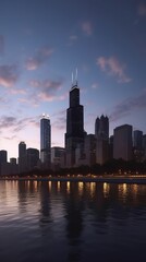Fototapeta na wymiar Cityscape of chicago at dusk with lights from the skyline. Generative AI