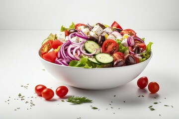 Fresh Greek salad ingredients tossed into a bowl on white background. Generative AI