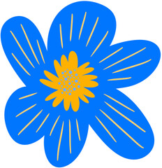 Blue and yellow hand drawn childish flower. Cute doodle png flower isolated on transparent background.