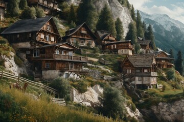 Fototapeta na wymiar An oil painting depicting Austrian alpine houses. Generative AI