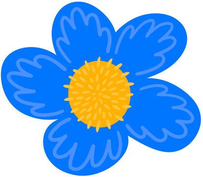 Bright blue and yellow doodle flower. Cute hand drawn childish png flower isolated on transparent background. © Alina