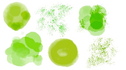 A set of watercolor colored spots. Green water spots on a white background.