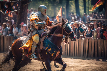 Fototapeta na wymiar Jousting knight on horseback, renaissance fair. Generative AI