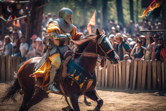 Jousting knight on horseback, renaissance fair. Generative AI