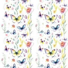 Seamless watercolor natural pattern of butterflies with floral and herbal elements. Ai generative art.