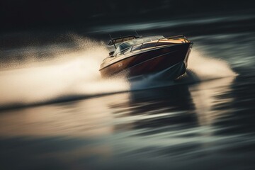 Blurred high-speed motion of a speedboat sailing. Generative AI - obrazy, fototapety, plakaty