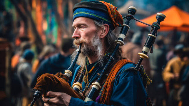 Musician playing bagpipes at a renaissance fair. Generative AI