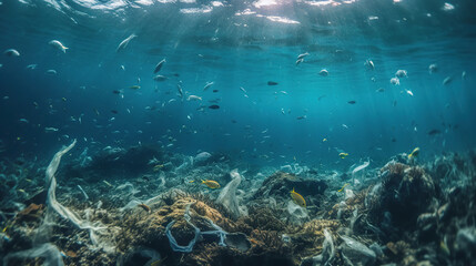 Fototapeta na wymiar Bottle Plastic Pollution In Ocean - Underwater Shine With garbage Floating, generative ai