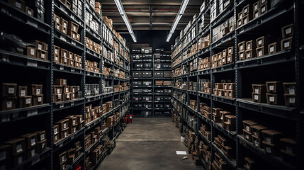 Rows of shelves with goods boxes in modern industry warehouse store at factory warehouse storage, generative ai