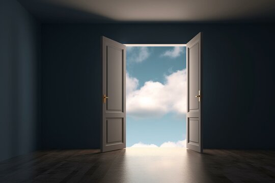 Dark room's open door revealing blue sky - 3D art depiction. Generative AI