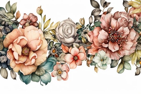 Vintage floral garland drawing in watercolor and colored pencil on a white background. Generative AI