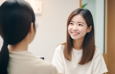 Fototapeta premium A clinical photo of a young Asian woman engaging in a conversation with a female doctor about her health. generative AI.