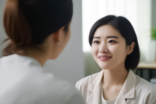 A clinical photo of a young Asian woman engaging in a conversation with a female doctor about her health. generative AI.