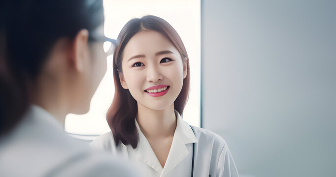 A clinical photo of a young Asian woman engaging in a conversation with a female doctor about her health. generative AI.