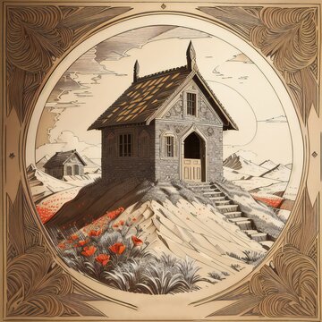 Charming Circle Framed Illustration Of Summerland Cottage In Floral Desert Landscape - Generative A.I. Art