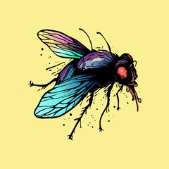 Colored vector  inked style house fly wall art