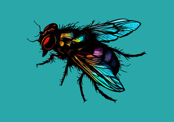 Colored vector  inked style house fly wall art