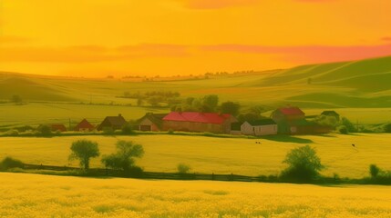 Beautiful local farm with sunset in the countryside field. Generative AI