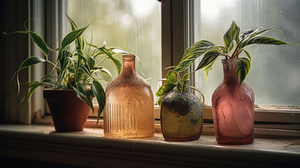 Wilted houseplants on windowsill in room, generative ai