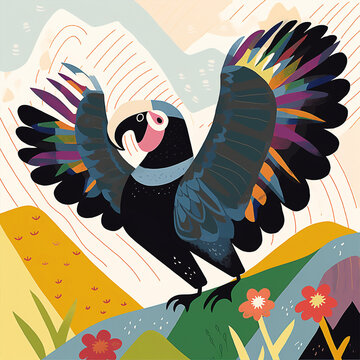 A Happy Andean Condor Vector Style Illustration Colorful Floral Background Generative Ai Digital Illustration Part#290423