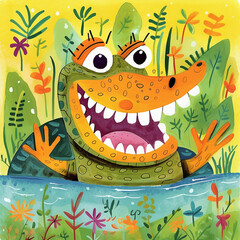 A Happy  Caiman Vector Style Illustration Colorful Floral Background Generative Ai Digital Illustration Part#290423