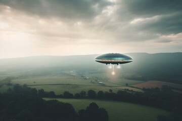 Fototapeta na wymiar A simple UFO spaceship is hovering over landscape, beaming to earth, with smoke and clouds in the background. Generative AI