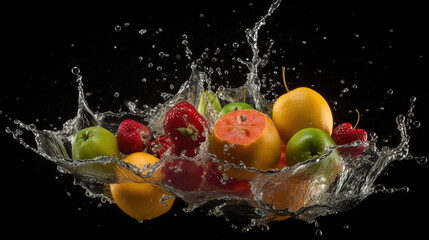 Fototapeta premium Hyper realistic fruit falling in water flow, motion, crystals, generative ai