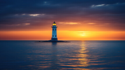 Fototapeta premium Lighthouse in blue ocean at sunset landscape, generative ai