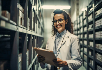 Young woman with a clipboard checking materials stocks. Created with Generative AI technology.