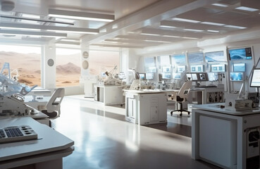 Futuristic interior of a laboratory or scientific station on a planet. Created with Generative AI technology.