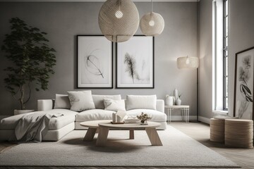 A stylish living room featuring a mockup poster, white sofa, wooden coffee table, pouf, lamp, and personal silver accessories. Generative AI