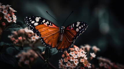 Fototapeta na wymiar Monarch Butterfly feeding on an orange zinnia flower in the garden, generative ai