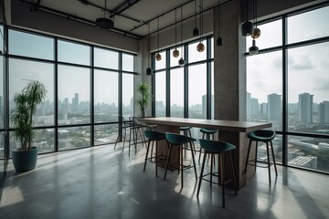Contemporary coworking space with furniture, equipment, and cityscape view from panoramic windows. Generative AI
