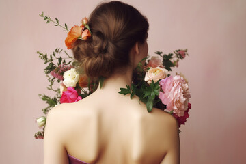 Naklejka premium Young woman with flowers, rear view. AI generated image.