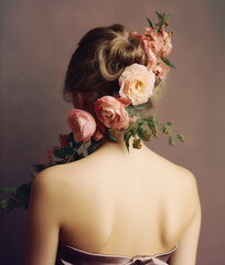 Young woman with flowers, rear view. AI generated image.