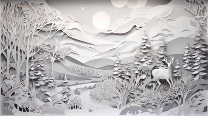 Traditional christmas paper cut art piece with a snowy landscape. Generative AI