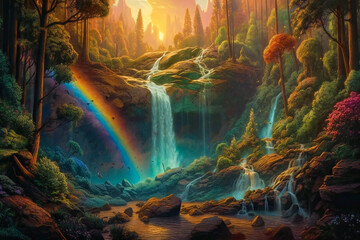 Fototapeta na wymiar Magical psychedelic landscape, with a waterfall, colorful plants and a rainbow. Created with Generative AI technology.