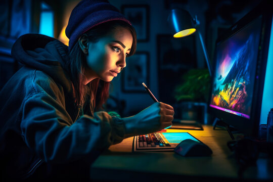 Digital artist woman using a graphics tablet. Generative AI