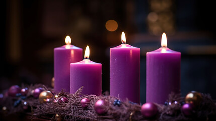 Obraz na płótnie Canvas Advent Candles In Church - Three Purple And One Pink As A Catholic Symbol, generative ai