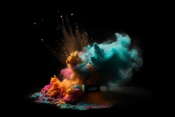 Colorful powder explosion on black background using make-up brush. Generative AI