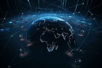 Dark tech backdrop with worldwide communication network visuals. Generative AI