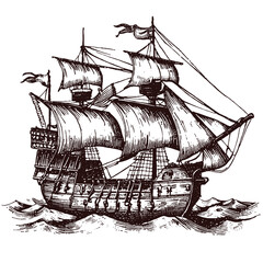 Sailing ship floating on the sea waves vintage vector sketch  - obrazy, fototapety, plakaty