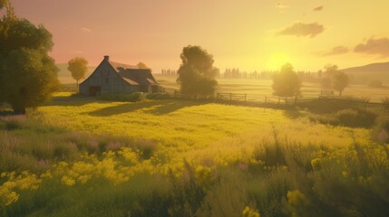Beautiful local farm with sunset in the countryside field. Generative AI