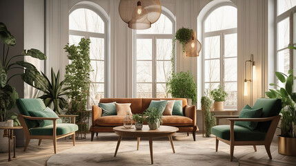 Fototapeta na wymiar Interior of light living room with sofa, chairs and houseplants, generative ai