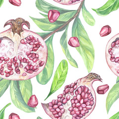 Watercolor illustration of a seamless pattern of ripe pomegranates and green branches with leaves isolated on a transparent background. Application is intended for printing on textiles, packaging 
