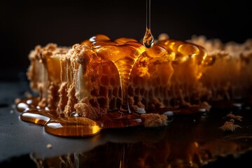 Close-up of honey and honeycomb melting. Generative AI