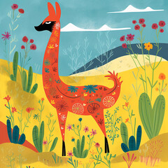 A Happy Vicuña  Vector Style Illustration Colorful Floral Background Generative Ai Digital Illustration Part#290423